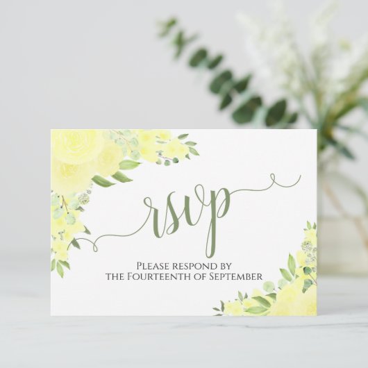 Elegant Yellow Boho Floral Calligraphy Wedding RSVP Karte (Stehend Vorderseite)