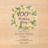 Elegant Yellow Daffodils Floral 100. Geburtstag Acryleinladungen (Vorderseite)