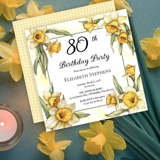 Elegant Yellow Daffodils Floral 80. Geburtstag Einladung
