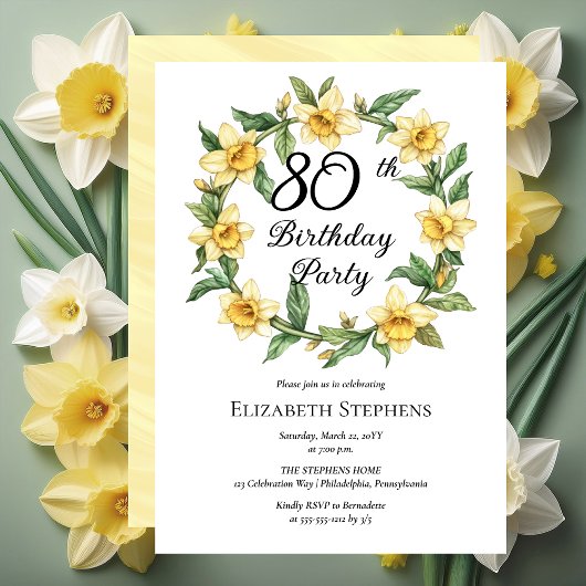 Elegant Yellow Daffodils Floral 80. Geburtstag Einladung