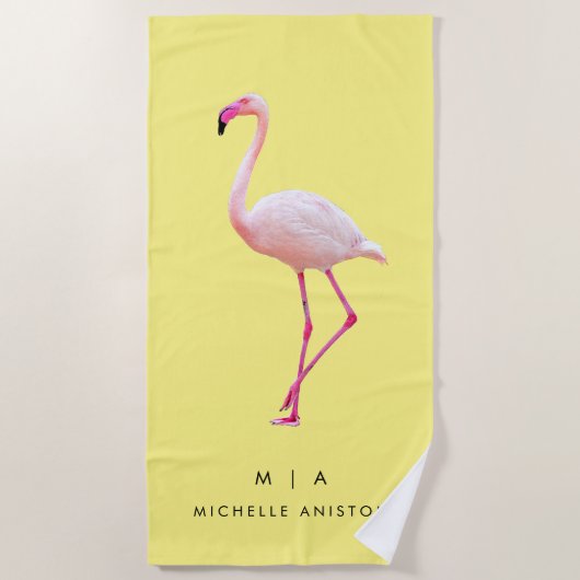 Elegant Yellow Flamingo | Monogram Custom Dry Strandtuch (Vorderseite)