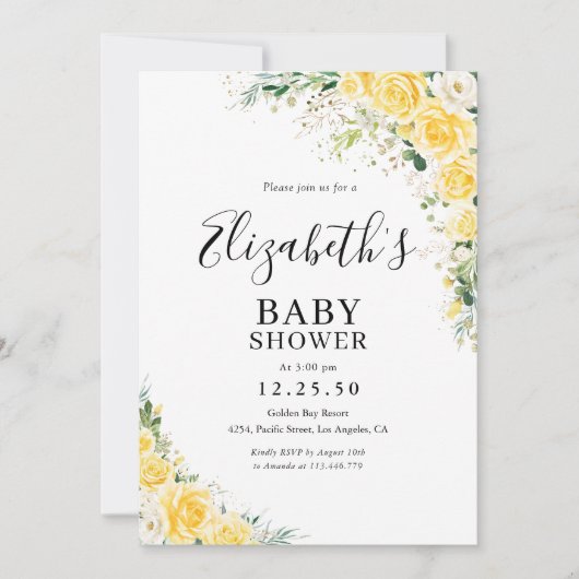Elegant Yellow Floral Baby Shower Invitation Einladung (Vorderseite)