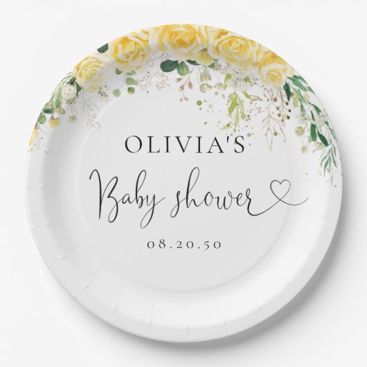 Elegant Yellow Floral Baby Shower Paper Plate Pappteller (Vorderseite)