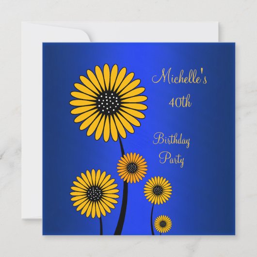 Elegant Yellow Floral Blue 40. Geburtstag Einladung (Vorderseite)