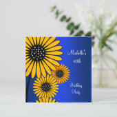Elegant Yellow Floral Blue 40. Geburtstag Einladung (Stehend Vorderseite)