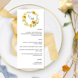 Elegant Yellow Floral Monogram Wedding Menükarte