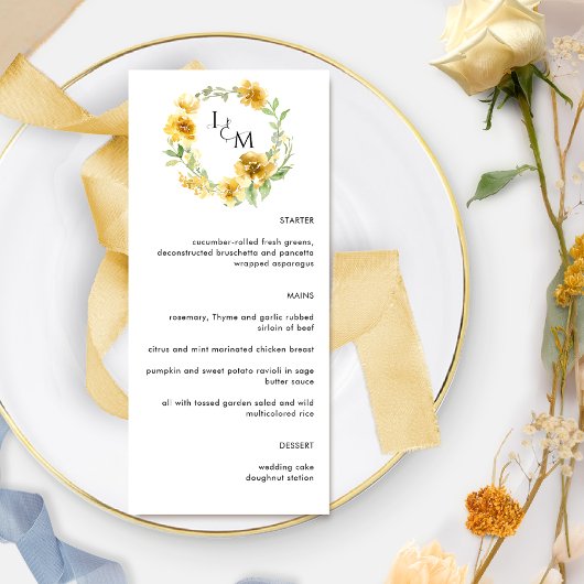 Elegant Yellow Floral Monogram Wedding Menükarte