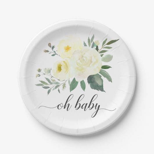 Elegant Yellow Floral Oh Baby Shower Plate Pappteller (Vorderseite)