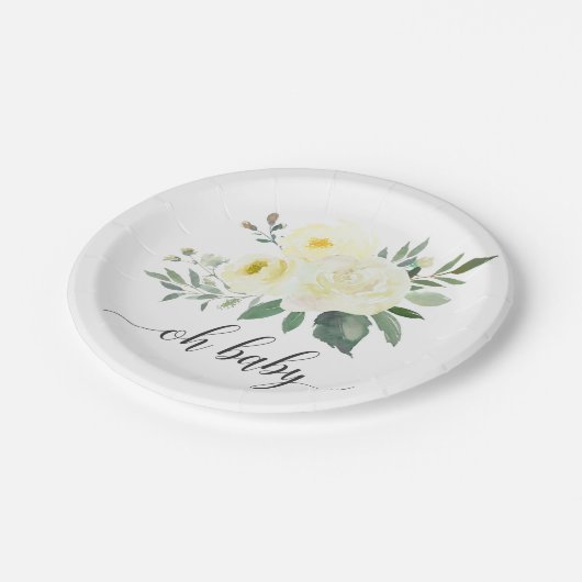 Elegant Yellow Floral Oh Baby Shower Plate Pappteller (Schrägansicht)