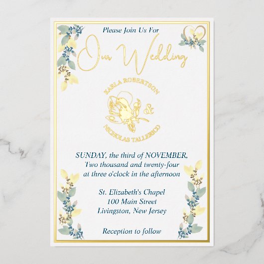 Elegant Yellow Floral Wedding Folieneinladung (Vorderseite)