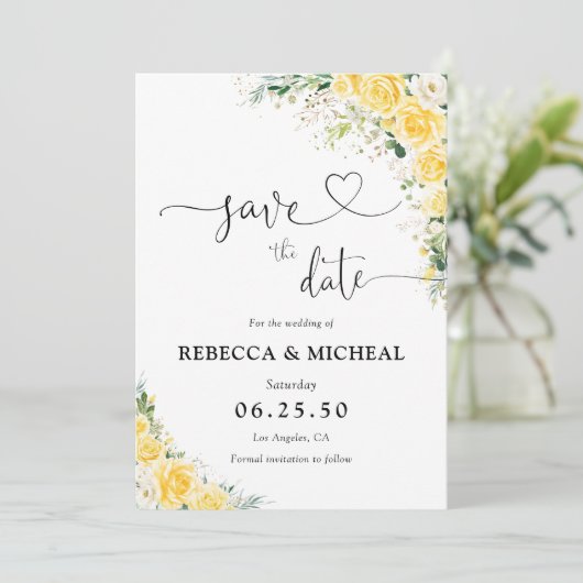 Elegant Yellow Floral Wedding Save The Date (Stehend Vorderseite)