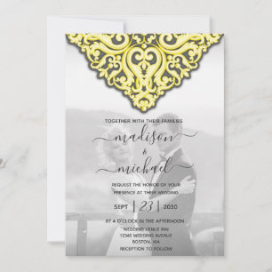 Elegant Yellow Gray Damask Wedding Einladung