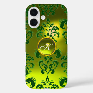ELEGANT YELLOW GREEN DAMASK GEMSTONE MONOGRAMM iPhone 16 HÜLLE