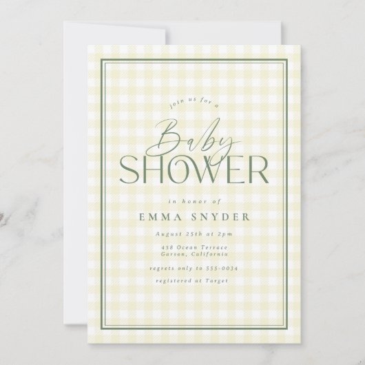 Elegant Yellow Green Gingham Baby Shower Einladung (Vorderseite)