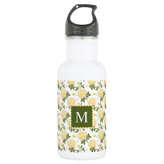 Elegant Yellow Hydragea Floral Monogram Edelstahlflasche (Vorderseite)