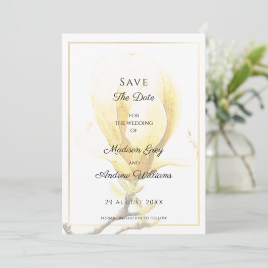 Elegant Yellow Magnolia Save the Date Einladung (Stehend Vorderseite)