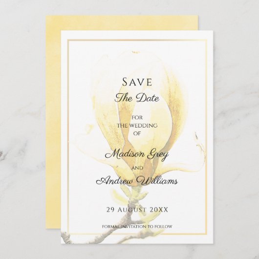 Elegant Yellow Magnolia Save the Date Einladung (Vorne/Hinten)