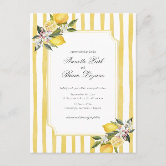 Elegant Yellow Mediterranean Lemon Wedding Feiertagspostkarte (Vorderseite)