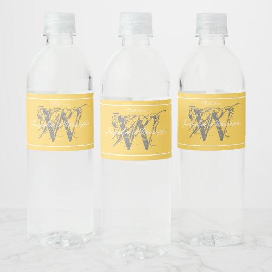Elegant Yellow Monogram Initial Names Cool Wedding Wasserflaschenetikett (Flaschen)