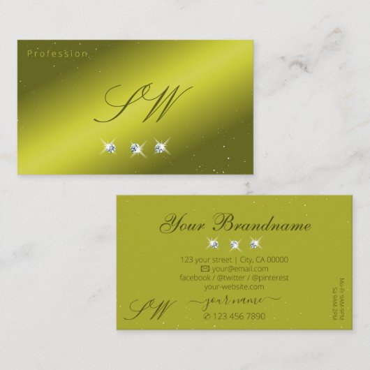 Elegant Yellow Olive Green Sparkle Jewels Initials Visitenkarte (Vorne/Hinten)