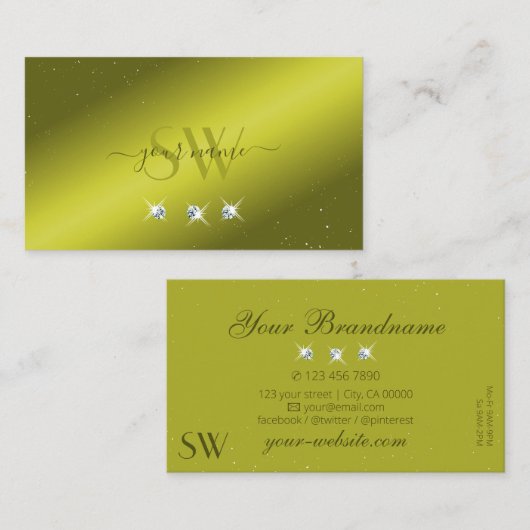 Elegant Yellow Olive Green Sparkle Jewels Monogram Visitenkarte (Vorne/Hinten)