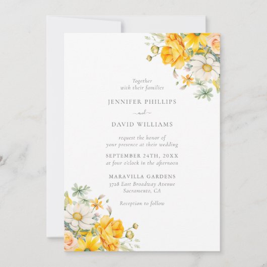 Elegant Yellow Peach Floral Wedding Einladung (Vorderseite)