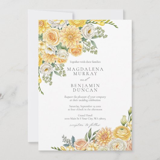 Elegant Yellow Peach & Sage Green Floral Wedding Einladung (Vorderseite)