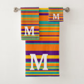 Elegant yellow purple and orang stripes monogram badhandtuch set (Insitu)