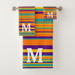 Elegant yellow purple and orang stripes monogram badhandtuch set