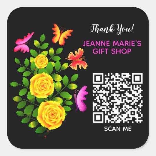 Elegant Yellow Rose Blume Danke QR Code Quadratischer Aufkleber (Vorderseite)