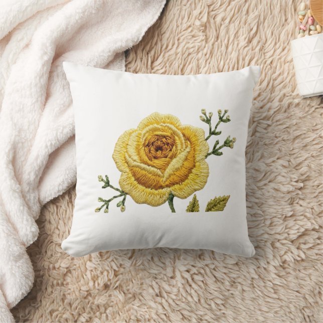 Elegant Yellow Rose Faux Embroidery Throw Pillow Kissen (Decke)