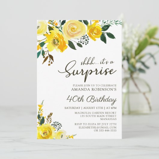 Elegant Yellow Rose Floral Überraschung 40. Geburt Einladung (Stehend Vorderseite)
