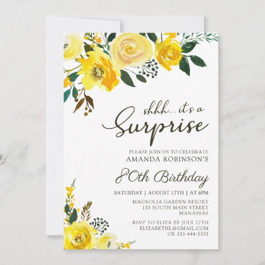 Elegant Yellow Rose Floral Überraschung 80. Geburt Einladung (Vorderseite)