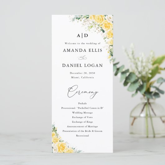 Elegant Yellow Wedding Program Programm (Stehend Vorderseite)