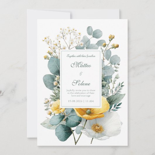 Elegant Yellow White Poppy Eucalyptus Watercolor Einladung (Vorderseite)