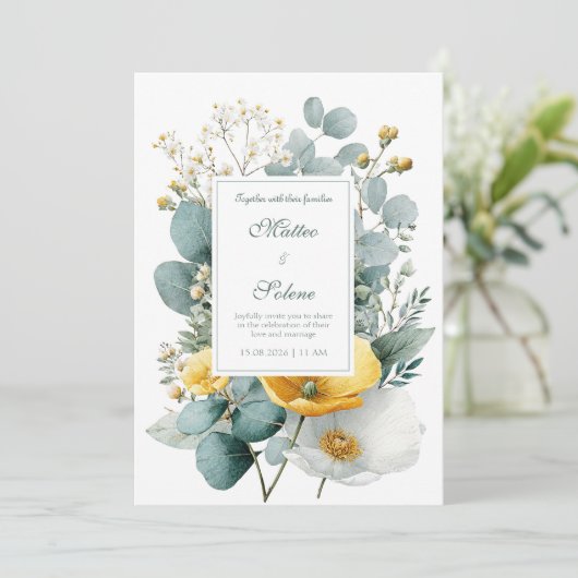 Elegant Yellow White Poppy Eucalyptus Watercolor Einladung (Stehend Vorderseite)