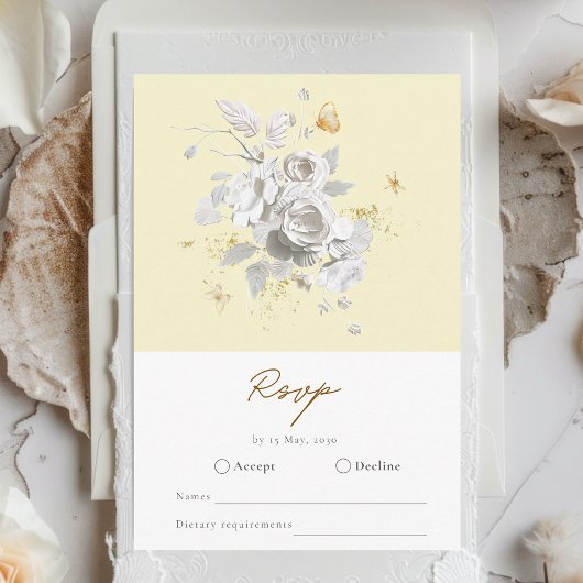 Elegant Yellow White Rose Wedding RSVP Card Begleitkarte