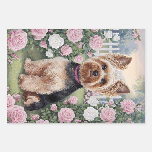Elegant Yorkshire Terrier Rose Garden Geschenkpapier Set (Vorderseite)
