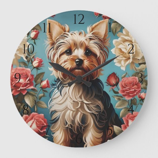 Elegant Yorkshire Terrier Rose Garden Große Wanduhr (Vorderseite)