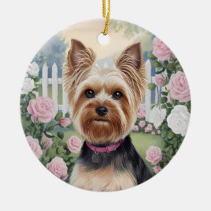 Elegant Yorkshire Terrier Rose Garden Malerei Keramik Ornament
