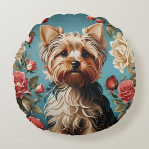 Elegant Yorkshire Terrier Rose Garden Rundes Kissen