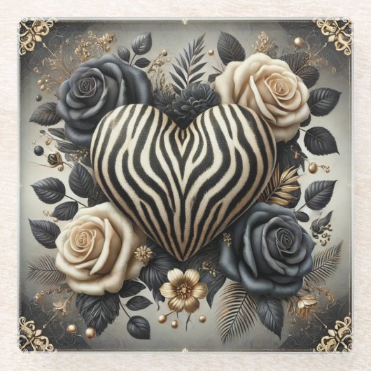 Elegant Zebra Print Heart & Rose Glasuntersetzer (Vorderseite)