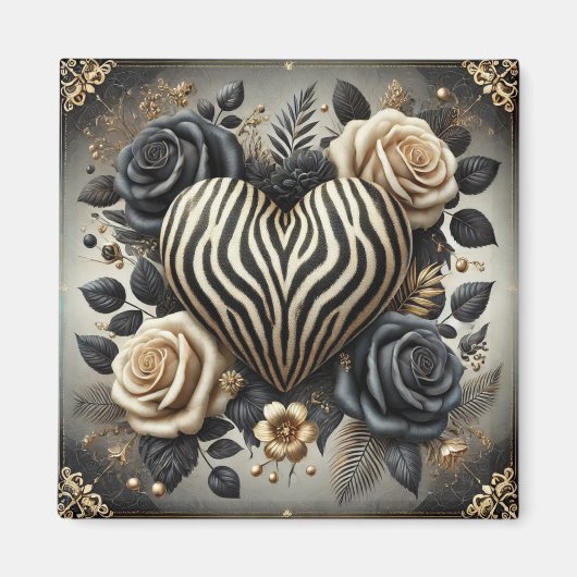 Elegant Zebra Print Heart & Rose Magnet (Vorne)