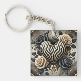 Elegant Zebra Print Heart & Rose Schlüsselanhänger