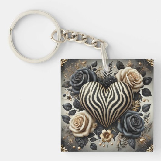 Elegant Zebra Print Heart & Rose Schlüsselanhänger (Vorderseite)