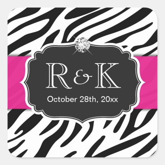 Elegant Zebra Print Hot Pink Wedding Initials Date Quadratischer Aufkleber (Vorderseite)