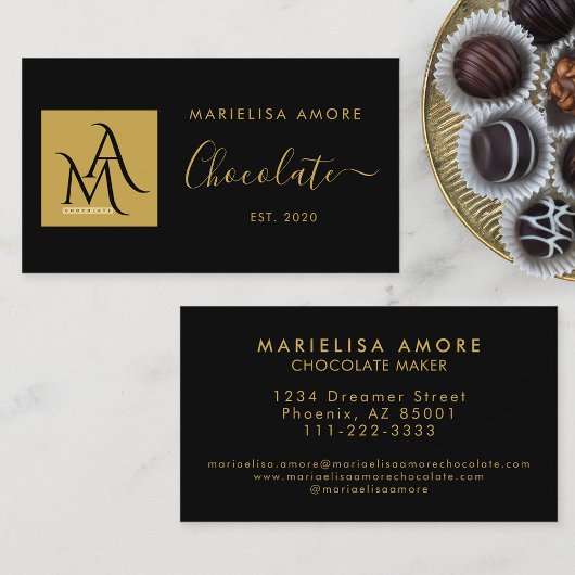 ElegantBlack Gold Script Logo Chocolate Branding Visitenkarte