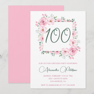 Elegante 100. Geburtstagseinladungen Floral Rosa Einladung