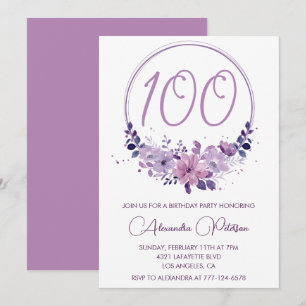Elegante 100. Geburtstagseinladungen Florale Lila Einladung