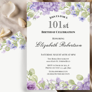 Elegante 101. Geburtstagseinladung mit lila Blumen Einladung